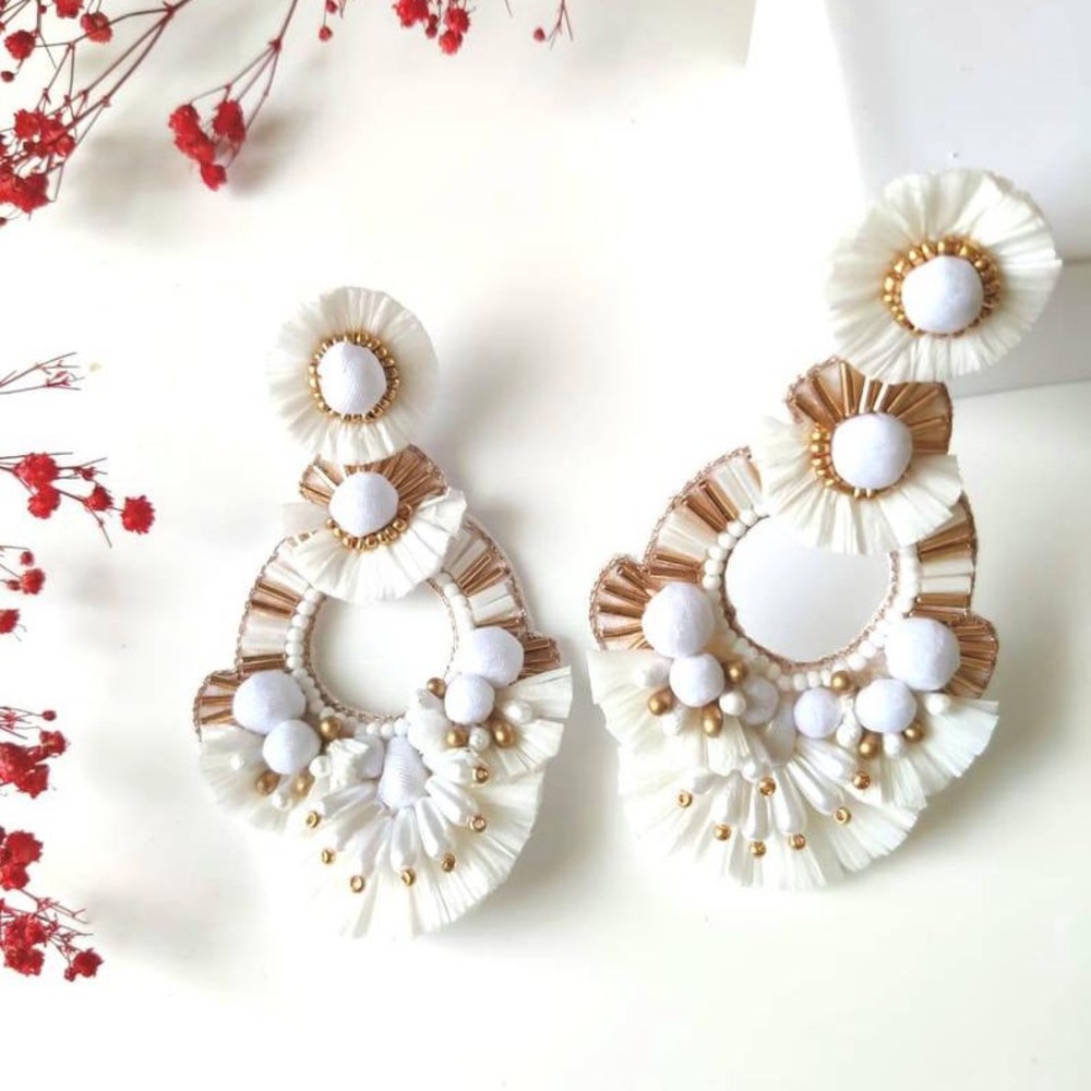 Boho Statement White and Gold Wedding Earrings - Picture 3 of 9